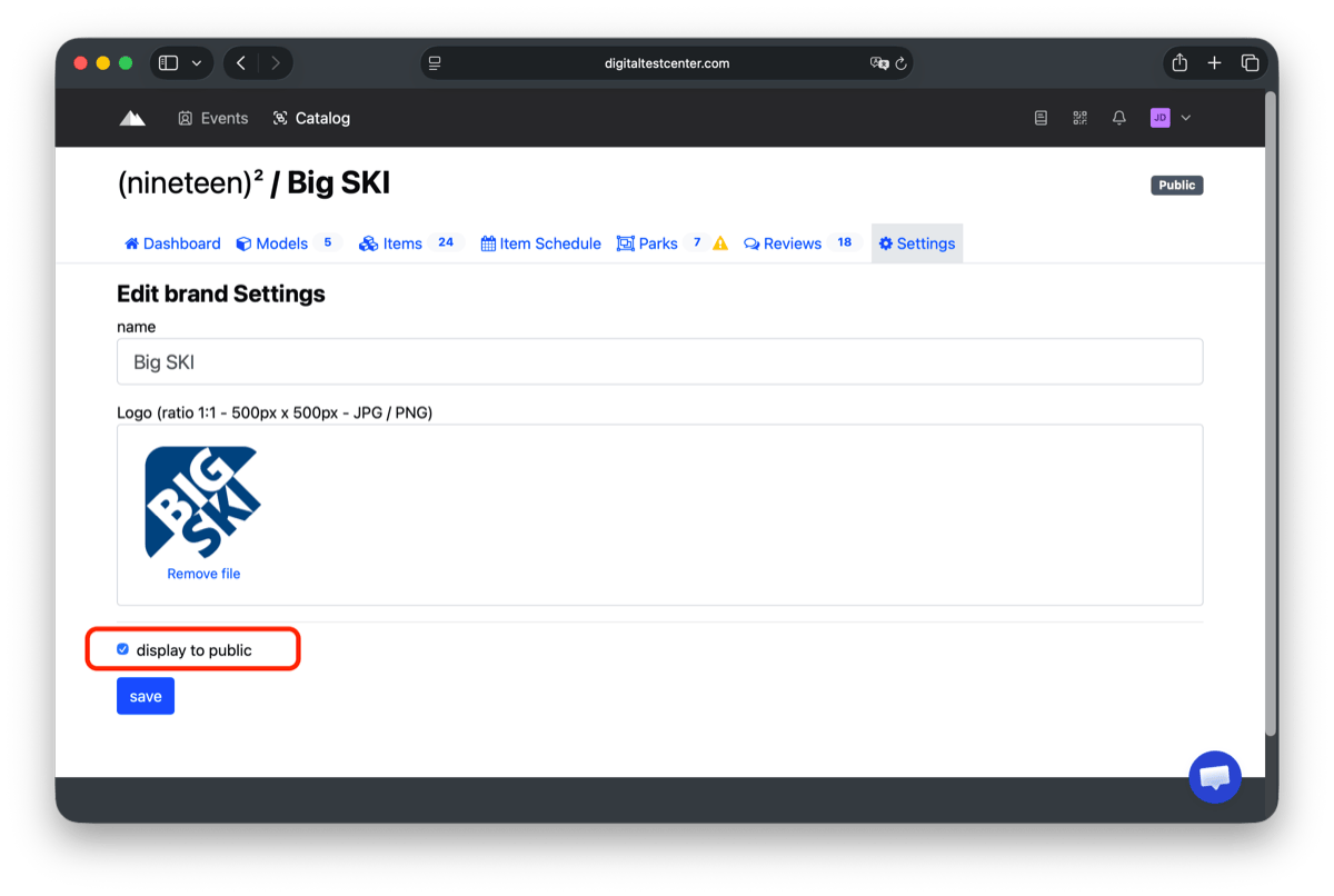 Enable the display to public option in the brand settings