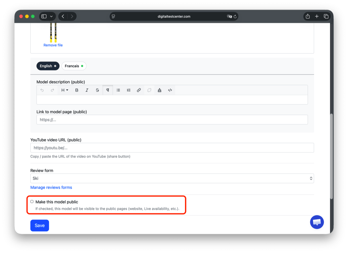 Enable public visibility from the model details page